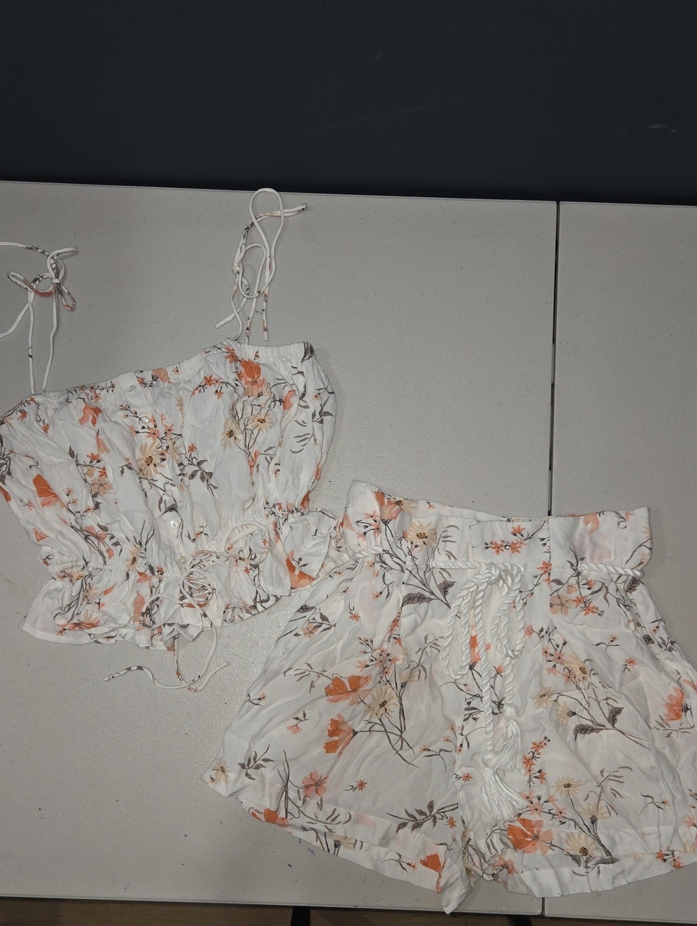 Muse White Floral Two-Piece Crop Top & Shorts Set with Peach Accents